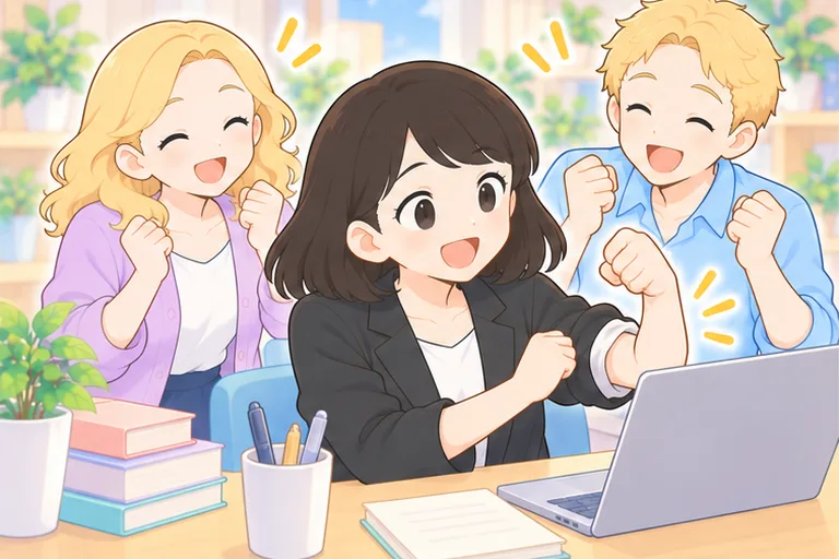 腕まくりをしてやる気いっぱいに机に向かう女性を、講師2人が笑顔で応援するイラスト