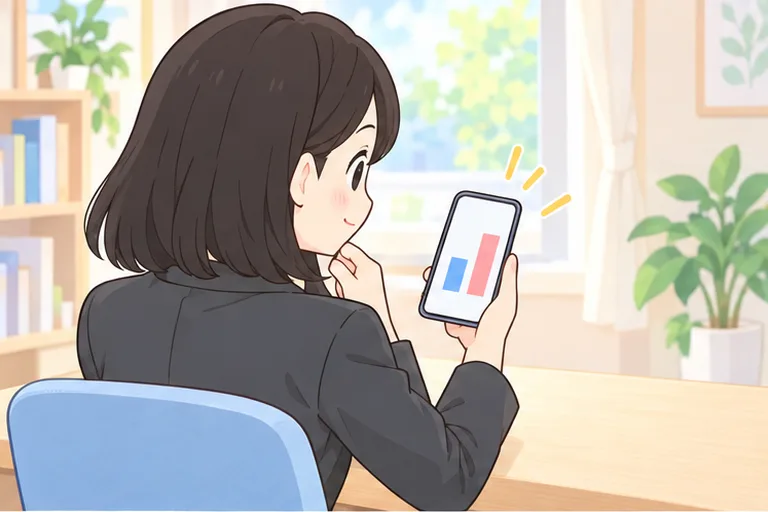 長さの違う2本の棒グラフが映ったスマホを見て、料金を比べる女性のイラスト