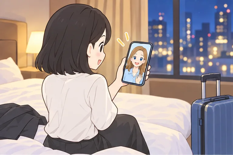 出張先のホテルの部屋で、スマホを使ってすぐにレッスンを受ける女性のイラスト