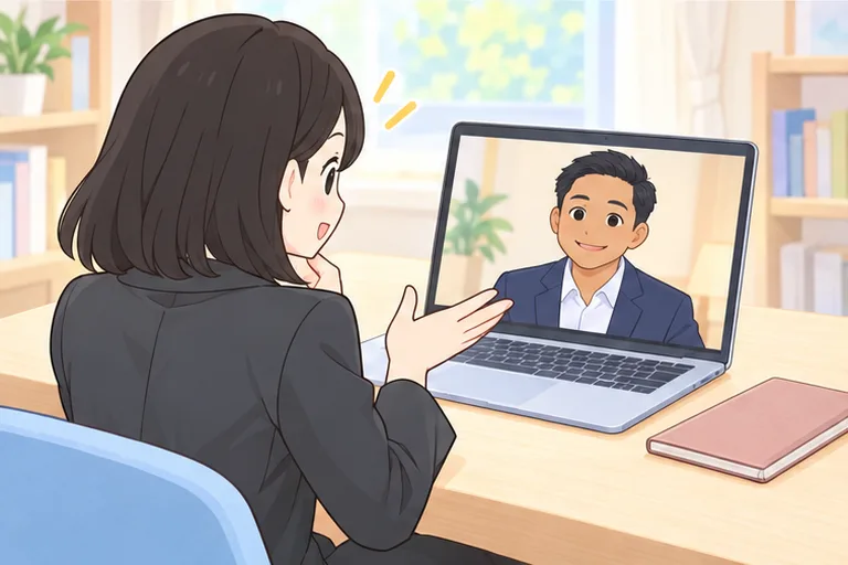 画面のスーツ姿のフィリピン人トレーナーを相手に、身ぶりを交えて説明の練習をする女性のイラスト