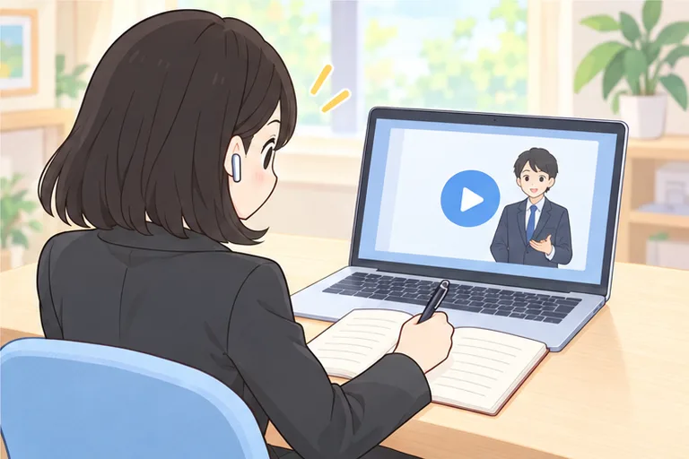レッスンの前に、パソコンで予習用の動画を見る女性のイラスト