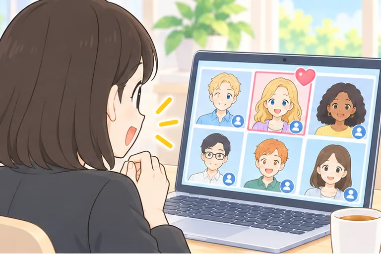 講師のプロフィールを見比べて、気に入った講師にハートの印をつける女性のイラスト