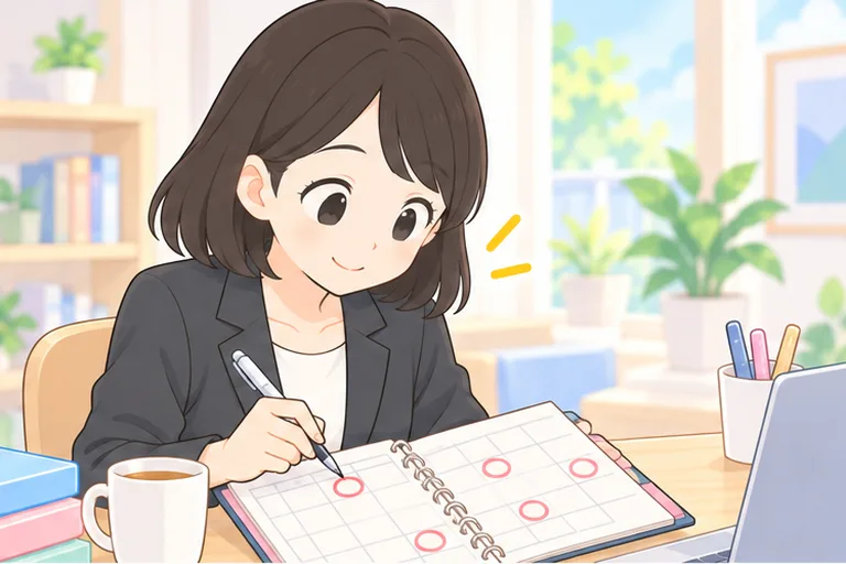 手帳の時間の欄にレッスンの印を書き込み、前もって予約する女性のイラスト