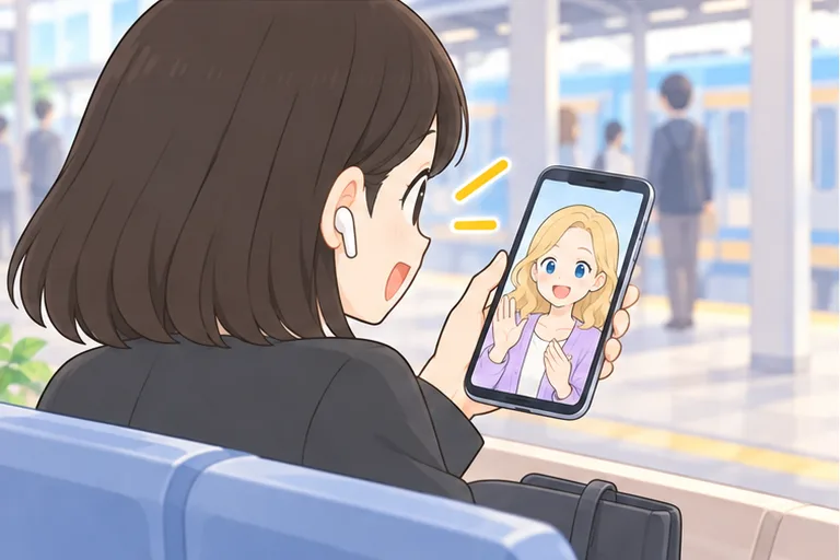 駅のベンチでイヤホンをつけ、スマホの画面の講師とレッスンをする女性のイラスト