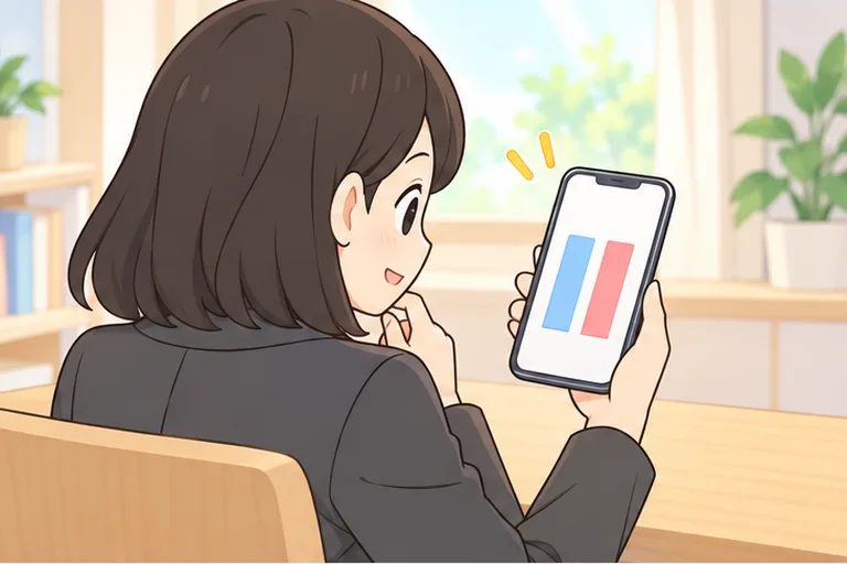 同じ長さの2本の棒グラフが映ったスマホを見て、料金を比べる女性のイラスト