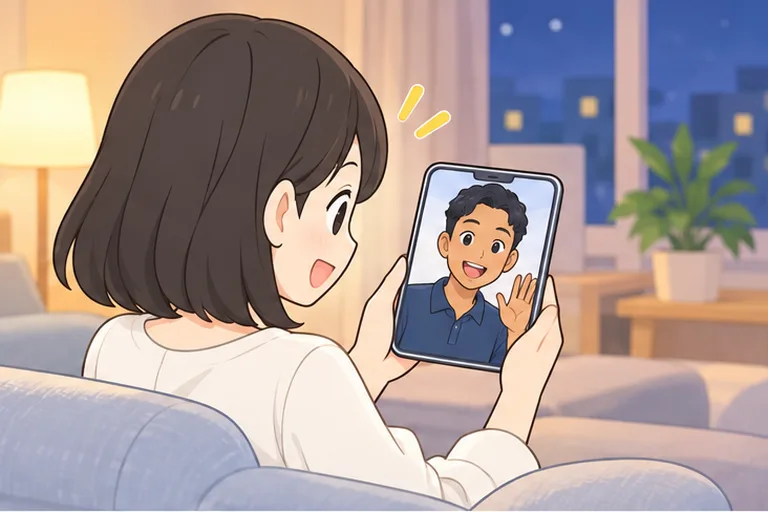 夜、ソファでスマホを持ち、予約なしですぐにレッスンを始める女性のイラスト