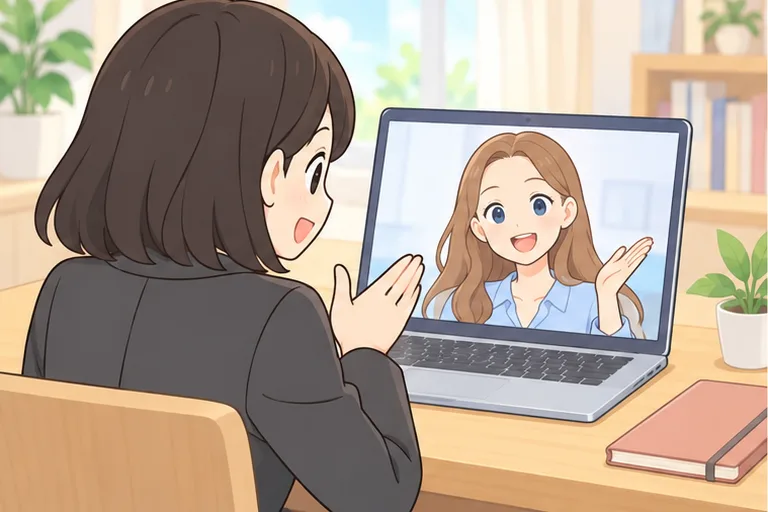 画面のいろいろな国の講師と英語で話す女性のイラスト