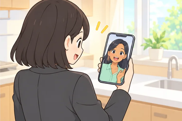 出勤前の朝、キッチンのカウンターでスマホのレッスンを受ける女性のイラスト