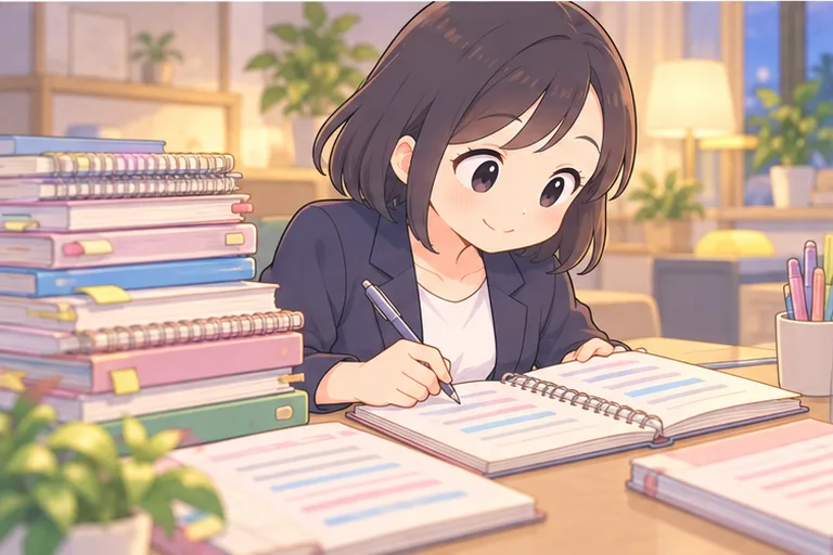 レッスン後に学習日記を書く女性と、積み重なった何冊ものノートのイラスト