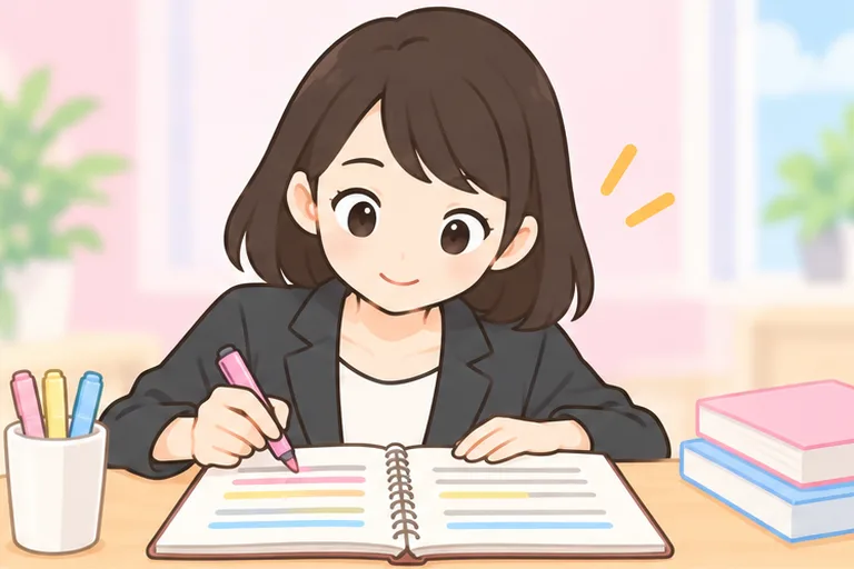 レッスンが始まる前にノートを開き、使いたい表現に線を引く女性のイラスト
