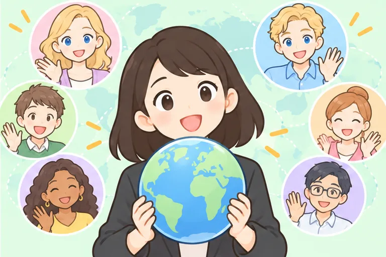 地球儀を手に、いろいろな国の講師の顔を思い浮かべる女性のイラスト