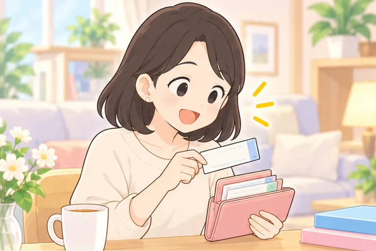 財布からチケットの束を取り出し、今日使う1枚だけを抜き取ってにっこりする女性のイラスト