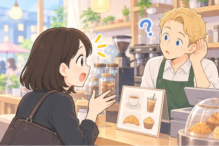 海外のカフェで注文が通じず、首をかしげる店員の前で困る女性会社員のイラスト