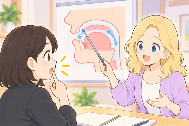 口の断面図を指して舌の位置を説明する女性講師と、口を動かしてまねる女性会社員のイラスト