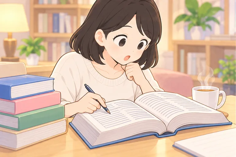 分厚い辞書を開き、ペン先でなぞりながら読み方を確かめる女性会社員のイラスト