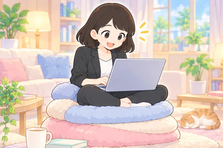 3段に重なったクッションの上に座り、安心してノートパソコンに向かう女性のイラスト