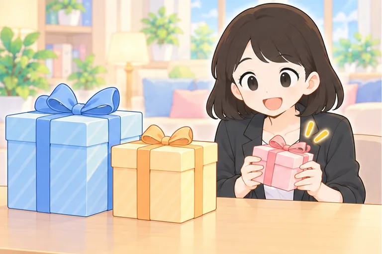 大きさの違う3つの箱のうち、一番小さい箱を手に取って笑顔でうなずく女性のイラスト