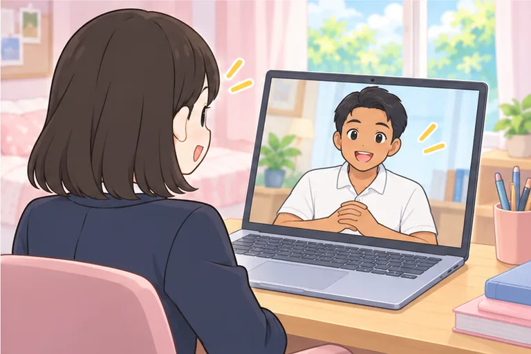 画面のフィリピン人講師とレッスンをするイラスト