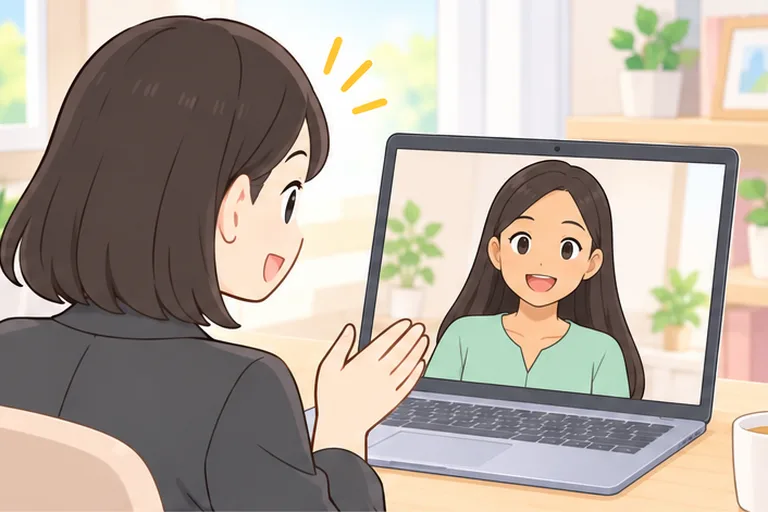 画面のフィリピン人講師と英語で話す女性のイラスト