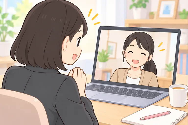 画面の日本人カウンセラーに、ほっとした顔で相談する女性のイラスト