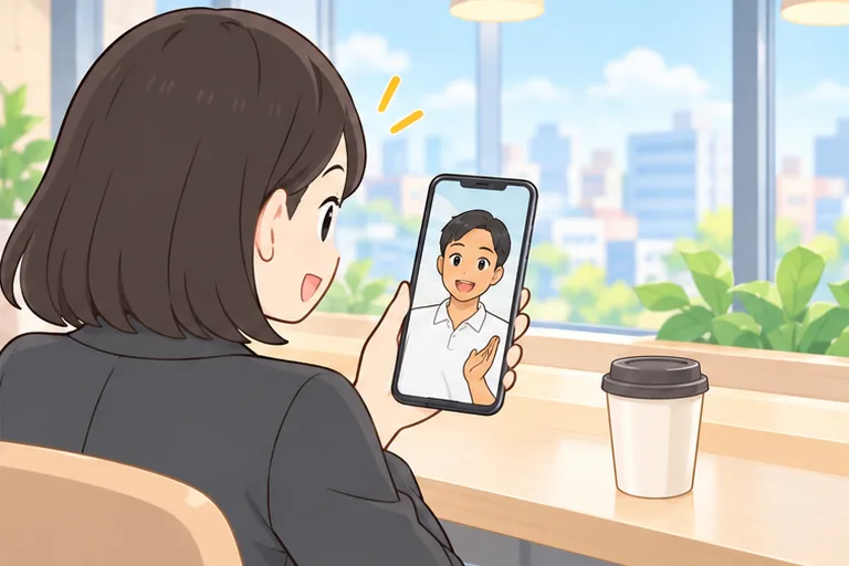 会社の昼休みに、スマホでレッスンを受ける女性のイラスト