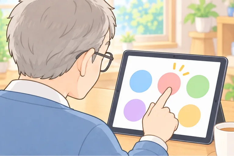 シンプルなタブレットの画面を、人差し指でゆっくり押す男性のイラスト
