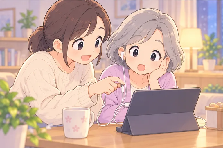 シニアの母親のタブレットにイヤホンをつなぐのを手伝う娘のイラスト