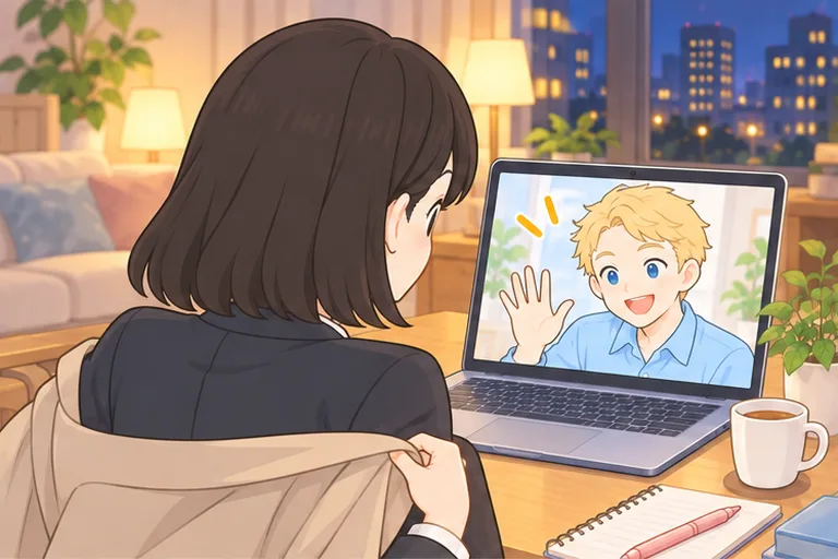 帰宅してすぐノートパソコンを開き、画面の講師とレッスンを始める女性のイラスト