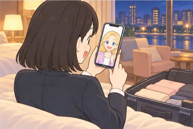 出張先のホテルで、スマホの画面の講師と話す女性会社員のイラスト