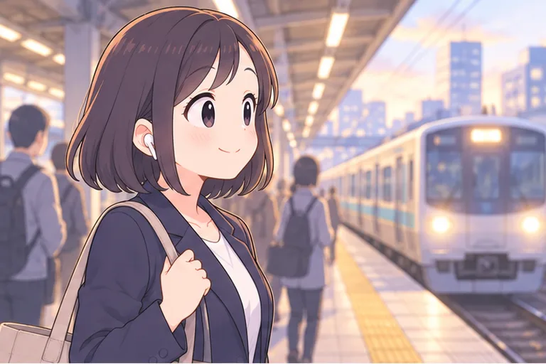 朝の駅のホームで、イヤホンで英語の音声を聞きながら電車を待つ女性会社員のイラスト