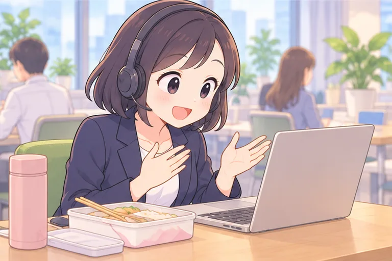 会社の休憩スペースで、お弁当の横のノートパソコンで昼休みにレッスンを受ける女性のイラスト
