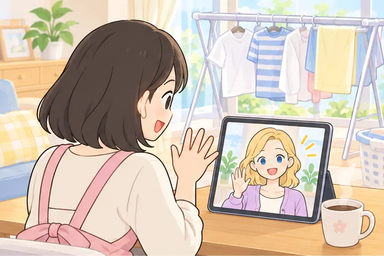 家事の合間の明るいリビングで、タブレットの講師にあいさつするエプロン姿の主婦のイラスト