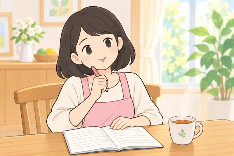 ダイニングでノートを開き、英語を学び直す目的を書き出して考える主婦のイラスト