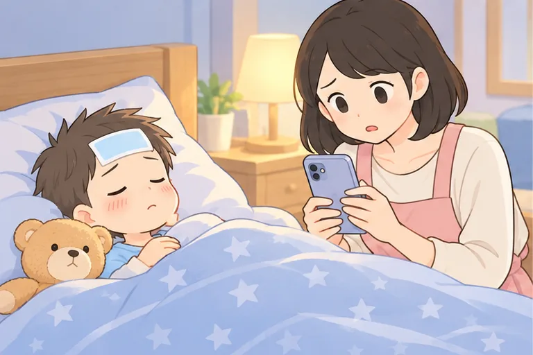 熱を出して寝ている子どもの枕元で、心配そうにスマホを操作する主婦のイラスト
