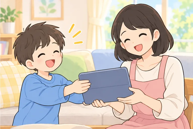 同じタブレットを、小学生の息子から笑顔で受け取って交代する母親のイラスト