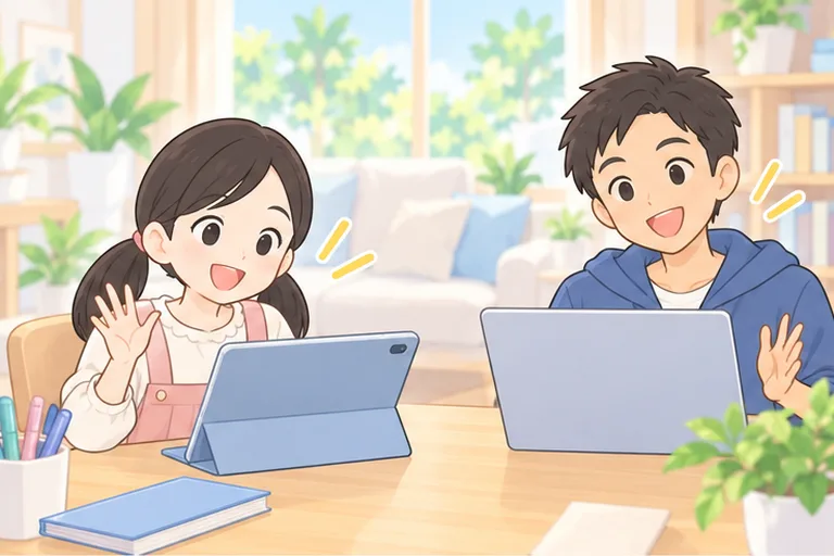 小学生の女の子と中学生の男の子が、それぞれ自分の端末でレッスンを受けている様子のイラスト