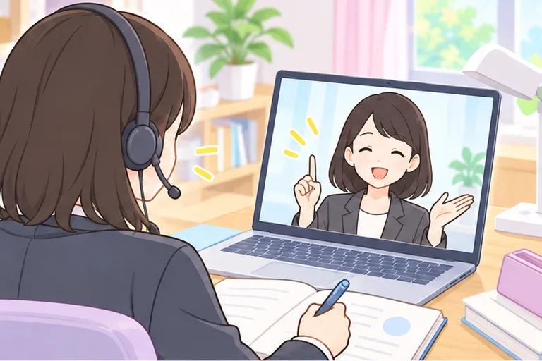問題集を開き、画面の日本人の女性講師に解き方を教わる女子高校生のイラスト