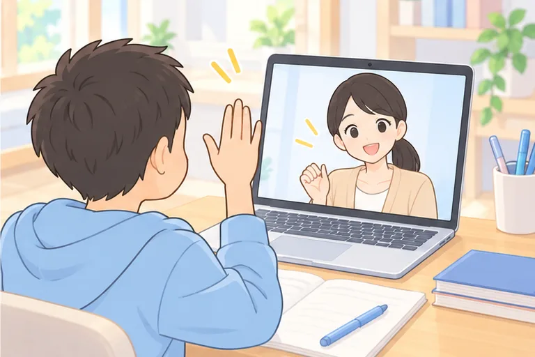 手を挙げて質問する小学生の男の子と、やさしくうなずいて答える画面の日本人講師のイラスト