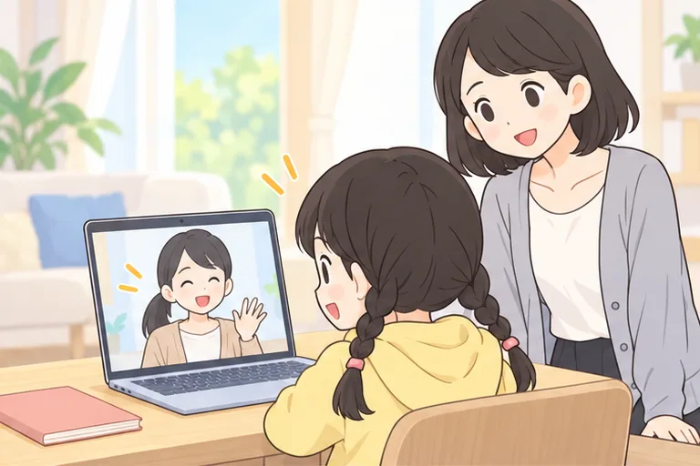 画面の日本人講師とレッスンを受ける小学生の女の子と、後ろで見守る母親のイラスト