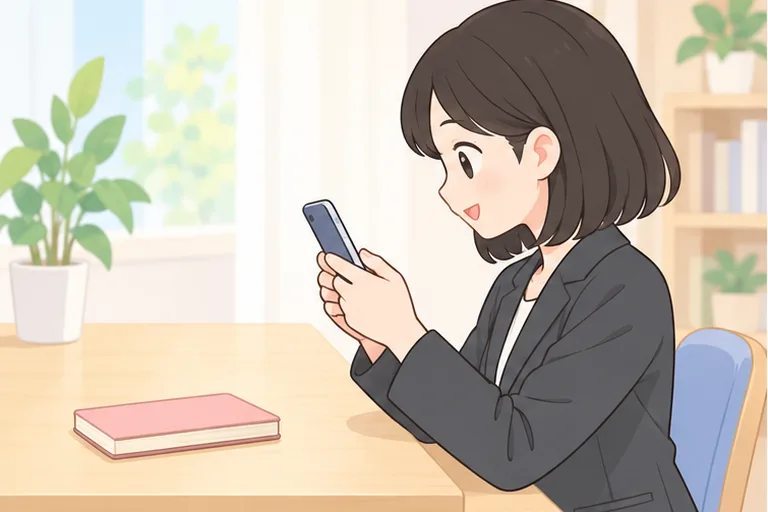 机に座り、両手で持ったスマホでポイントの料金を確かめる女性のイラスト