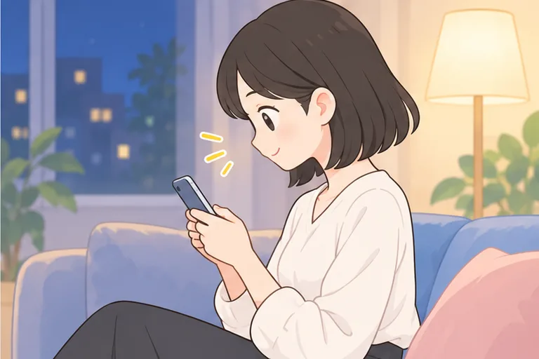 夜、ソファで両手で持ったスマホでレッスンの予定を確かめる女性のイラスト