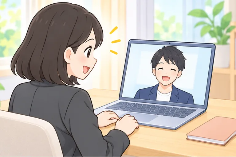 画面の日本人の男性講師と、日本語で笑顔で話す女性のイラスト
