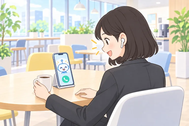 昼休みの休憩スペースで、イヤホンをつけ、スマートフォンにかかってきたAIの着信に笑顔で答える女性会社員のイラスト