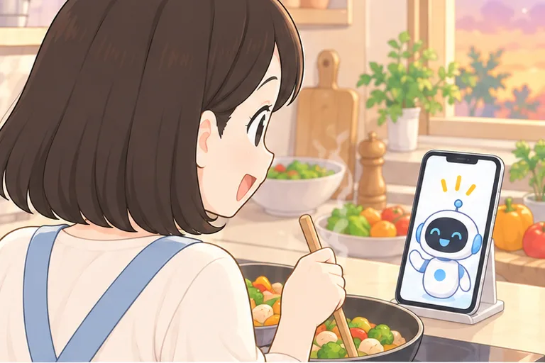 キッチンで料理をしながら、スマホの小さなロボットと楽しそうに話す女性会社員のイラスト