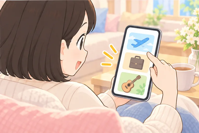 スマホの画面に並んだ旅行や仕事や趣味の絵のカードから、1枚を選ぶ女性のイラスト