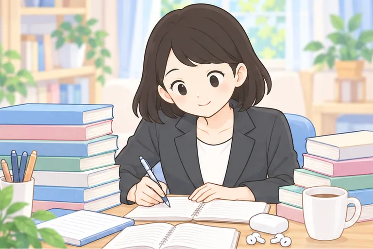 参考書とイヤホンに囲まれた机で、口を閉じたまま黙々とノートを取る女性のイラスト