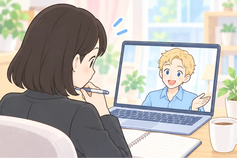 画面の男性講師が返事を待つ前で、ペンを握ったまま考え込んで口が止まる女性のイラスト