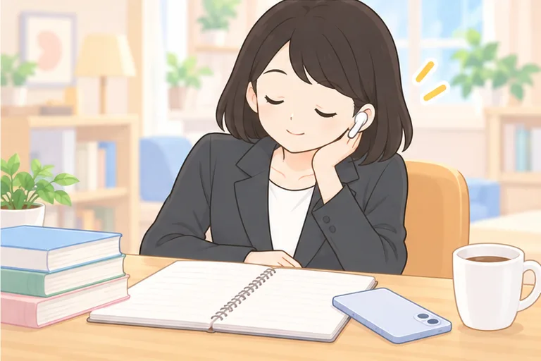 録音した自分の声を、イヤホンで目を閉じて真剣に聞き返す女性のイラスト