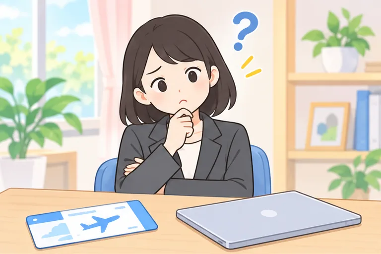 机に並べた航空券と閉じたノートパソコンを前に、どちらにするか迷う女性のイラスト