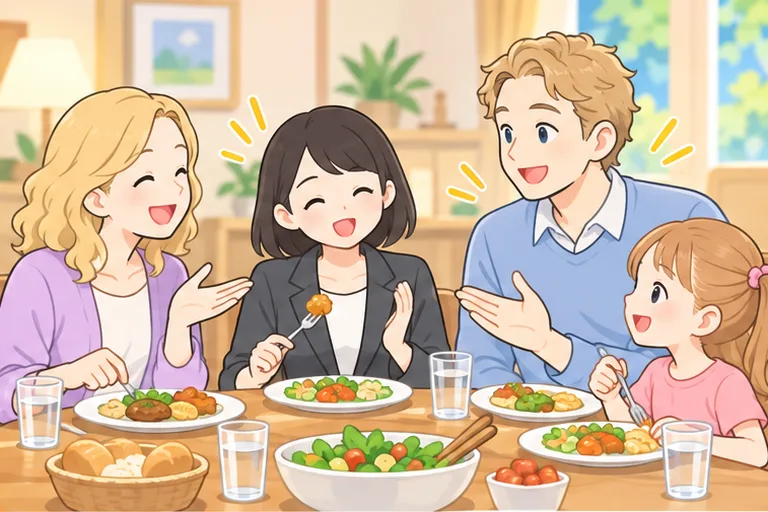 ホームステイ先の食卓で、ホストファミリーと英語で笑い合う女性のイラスト